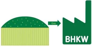 Schema: Biogas wird zum Blockheizkraftwerk geleitet