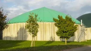 Biogasanlage mit charakteristischer grüner Foliendachhaube