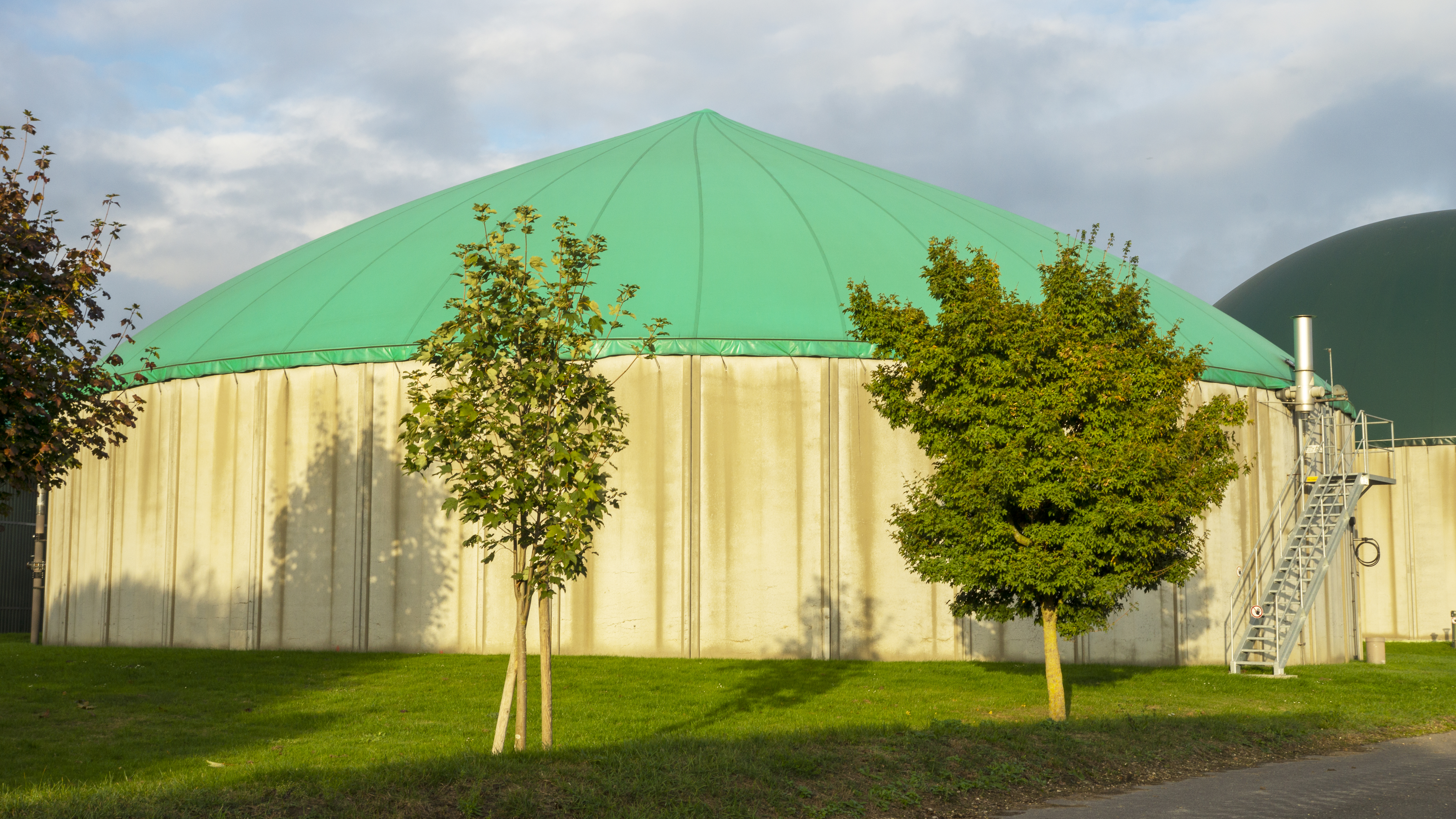 Biogasanlage mit charakteristischer grüner Foliendachhaube